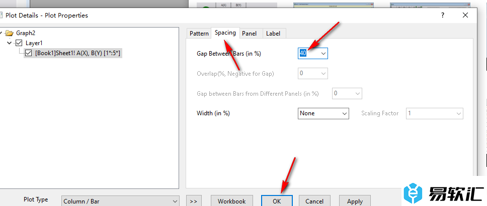 OriginPro调整柱状图间距大小的方法