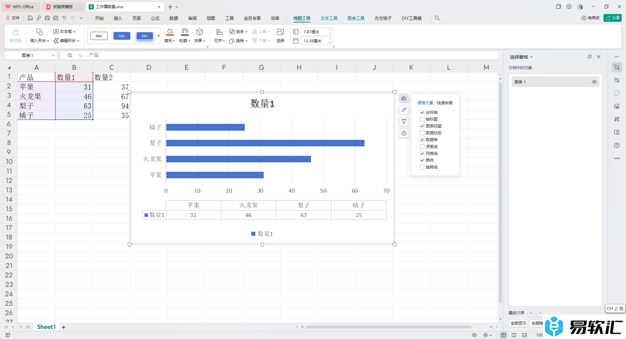 WPS Excel条形图添加数据表的方法