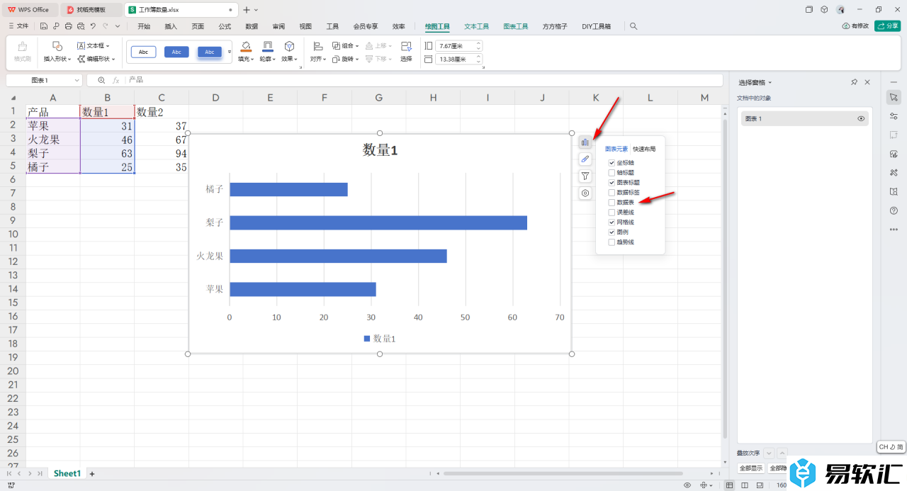 WPS Excel条形图添加数据表的方法