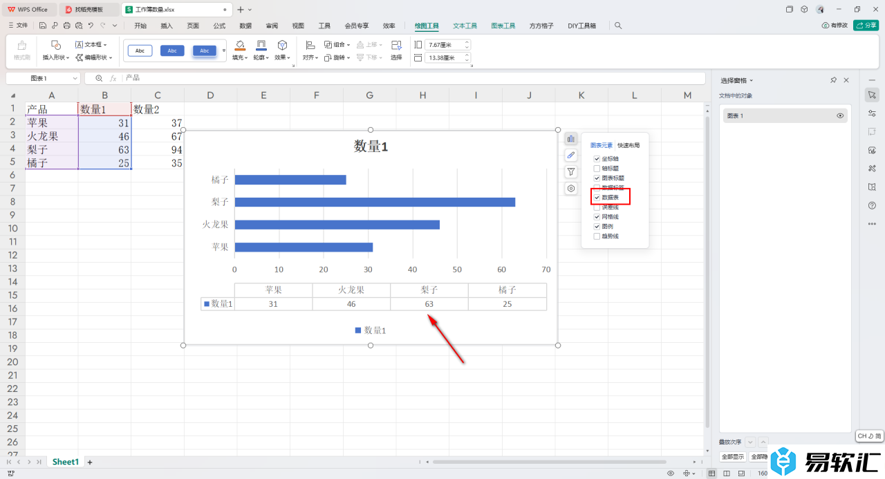 WPS Excel条形图添加数据表的方法