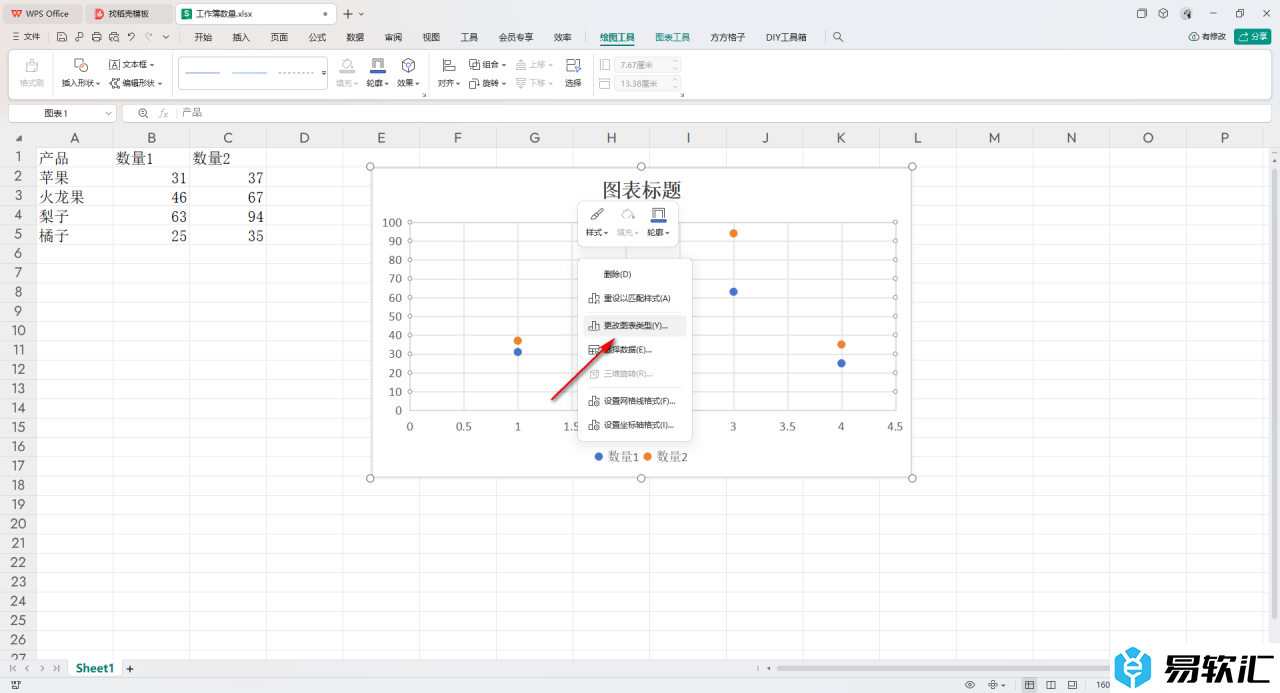 WPS excel表中的散点图转变成折线图的方法