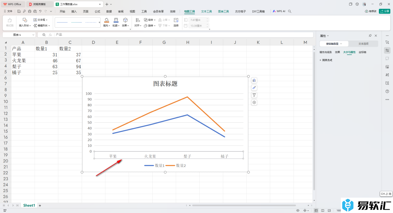 WPS Excel设置隐藏折线图表中的水平轴的方法